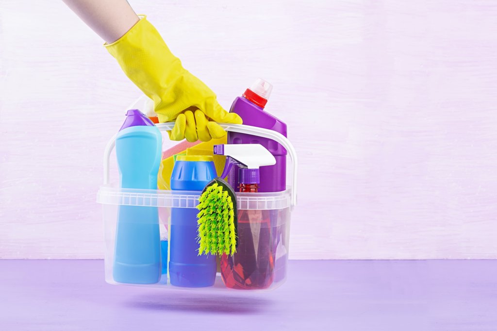 Cleaning service concept. Colorful cleaning set for different surfaces